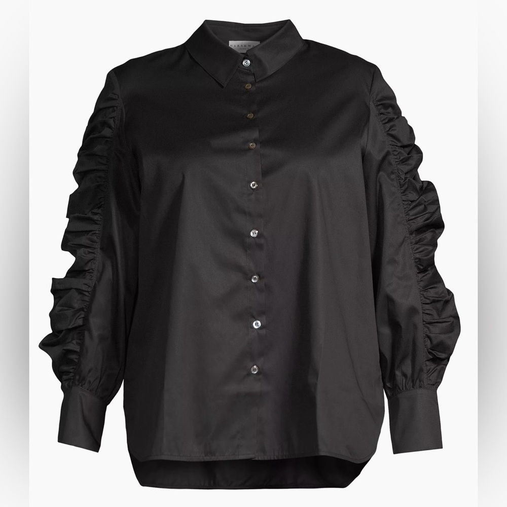 NWT Harshman LA Black Juliana Ruffles Cotton Button Up Shirt Blouse Plus 1X Lux